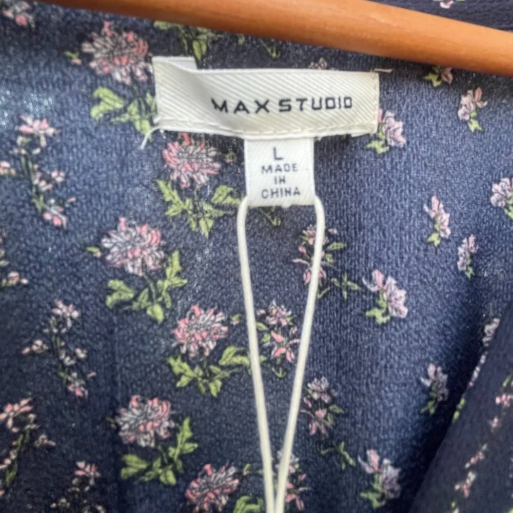 NWT Women's Large MAX STUDIO Navy Floral V-neck Empire Waist Tiered Midi Dress - Picture 7 of 16